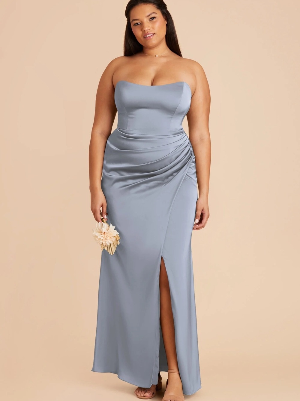 Birdy Grey Strapless Ruched Satin Maxi Dress in Dusty Blue - 0X